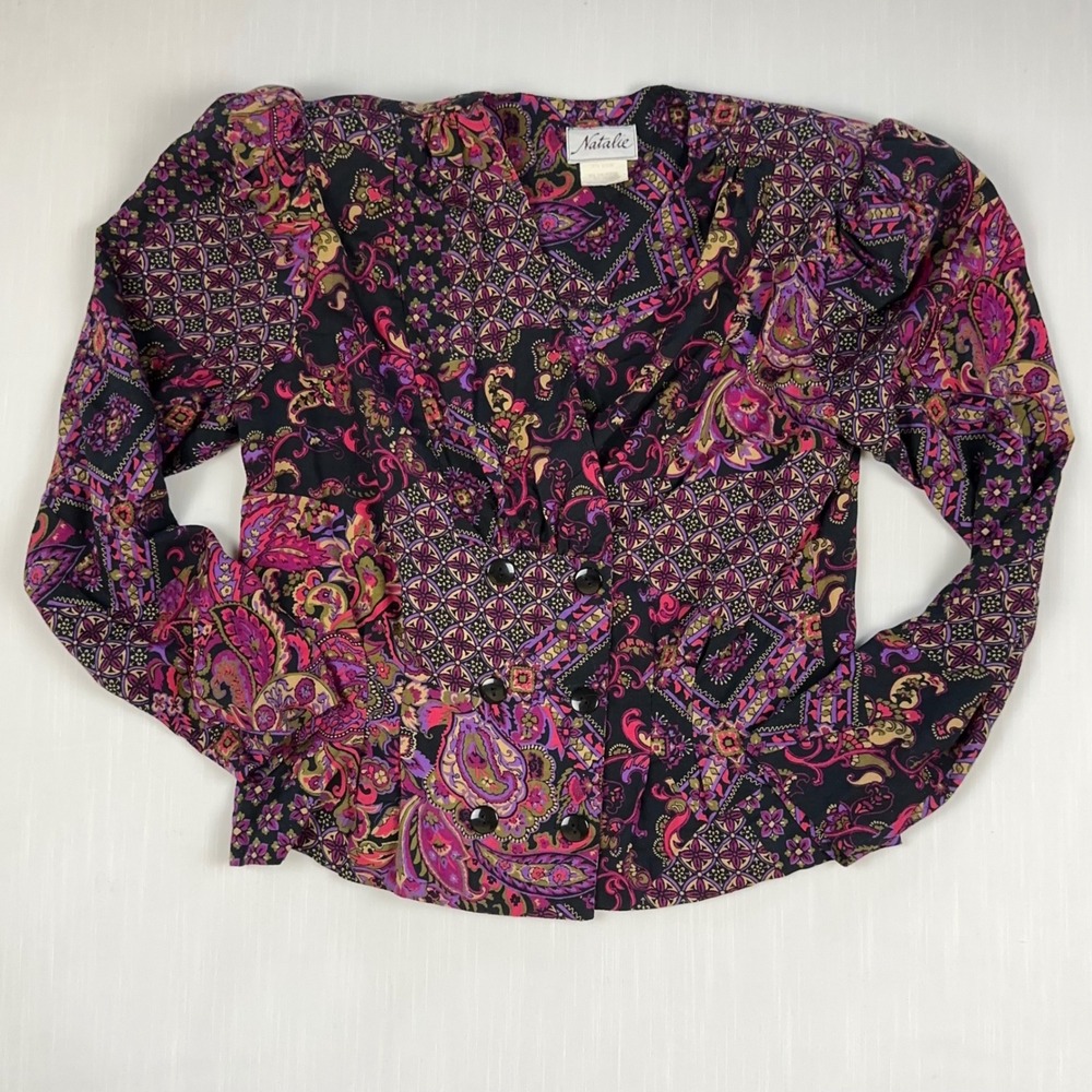 Natalie Vintage Paisley Patchwork Double Breasted Puff Sleeve Blouse Purple